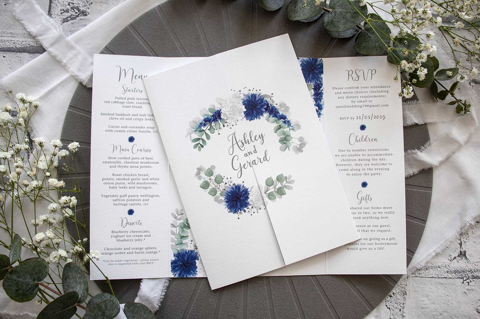 blue delphinium wedding invitation