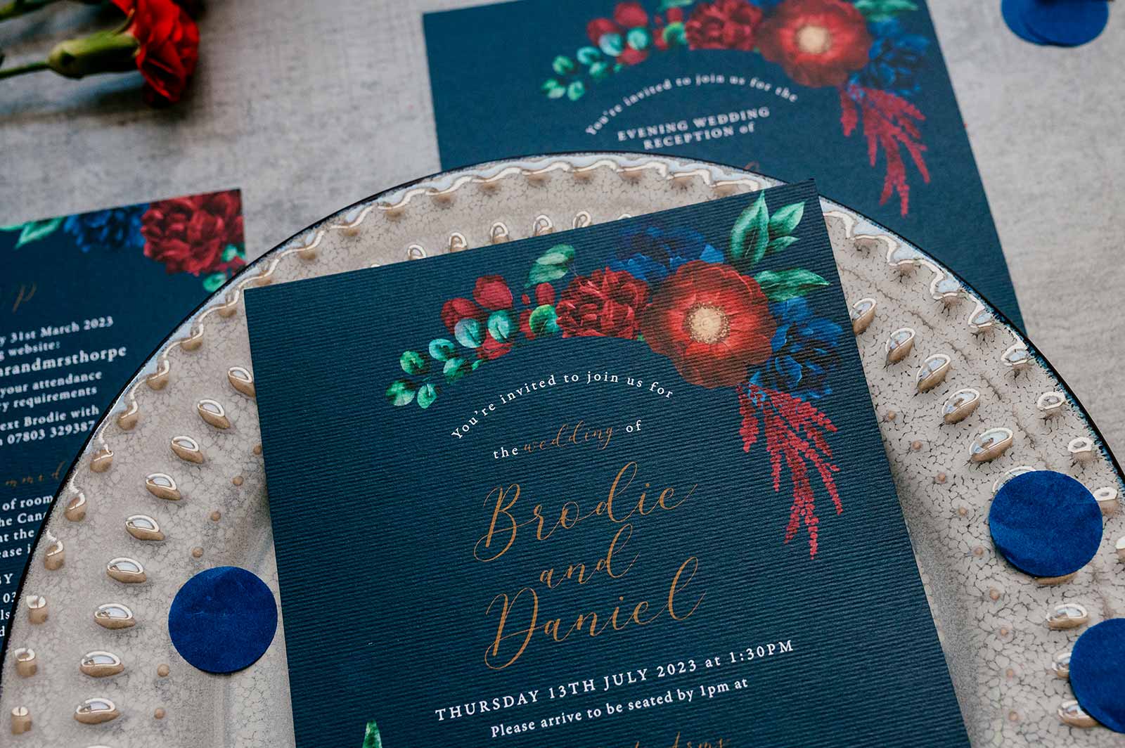 navy red floral wedding invite