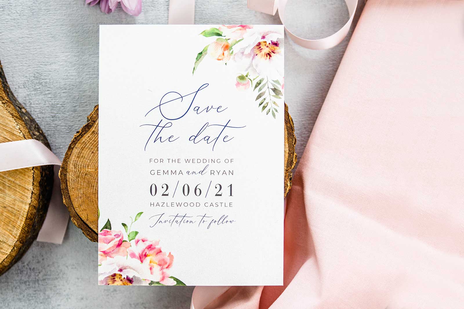 blush summer floral wedding save the date card