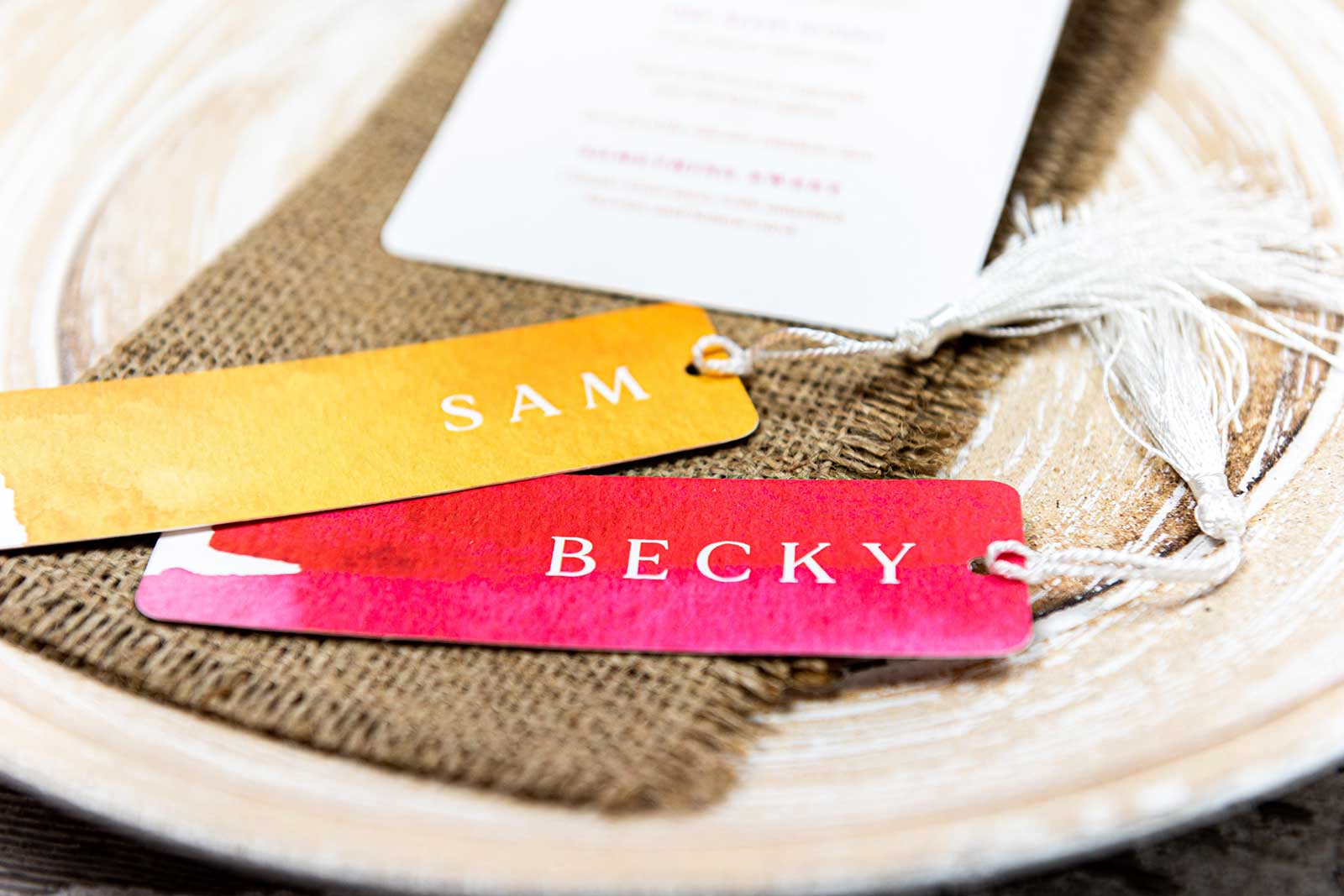 bright fun wedding place name cards