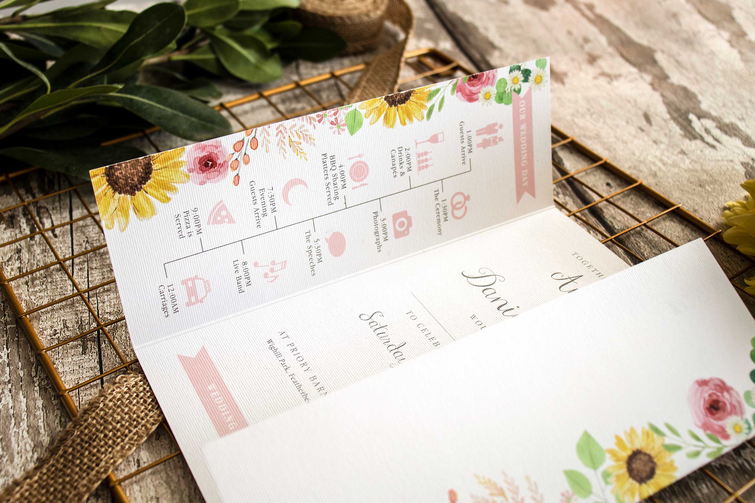 floral wedding invitation with timeline