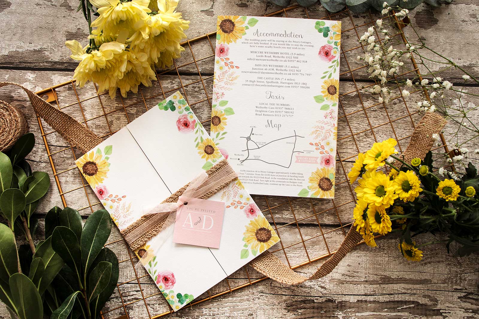 sunflower wedding stationery with jute and ribbon