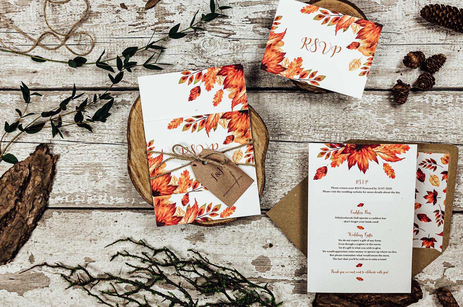 autumn wedding leaf design invitations