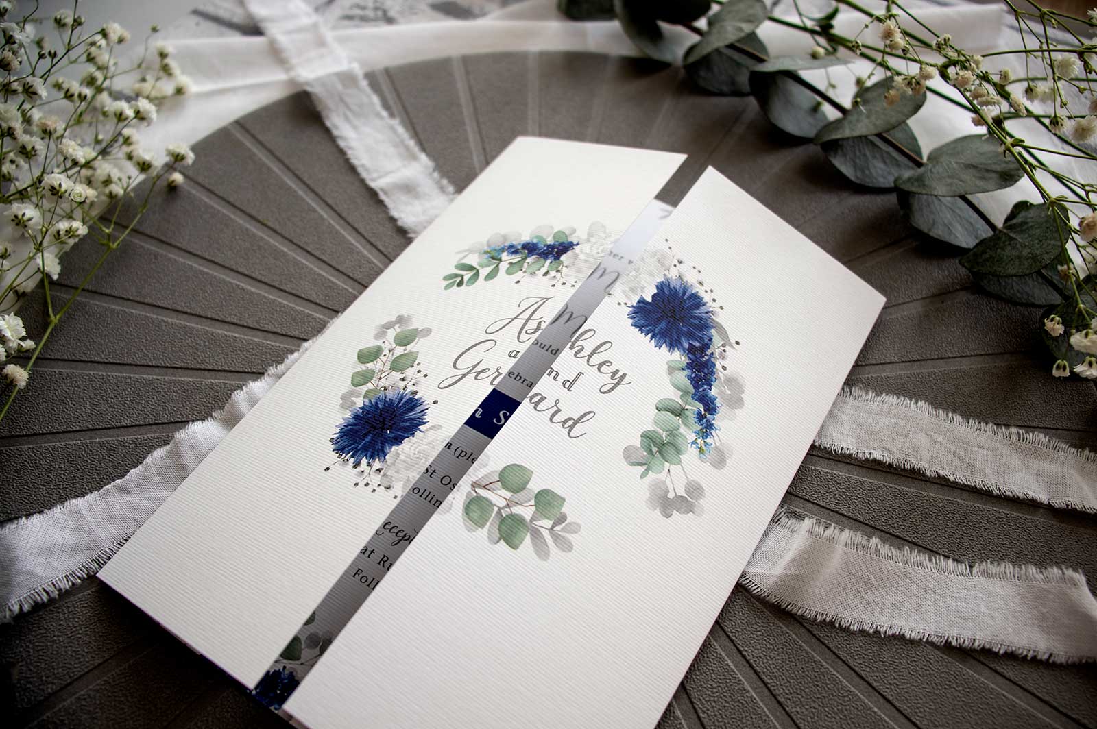 blue floral wreath wedding invite