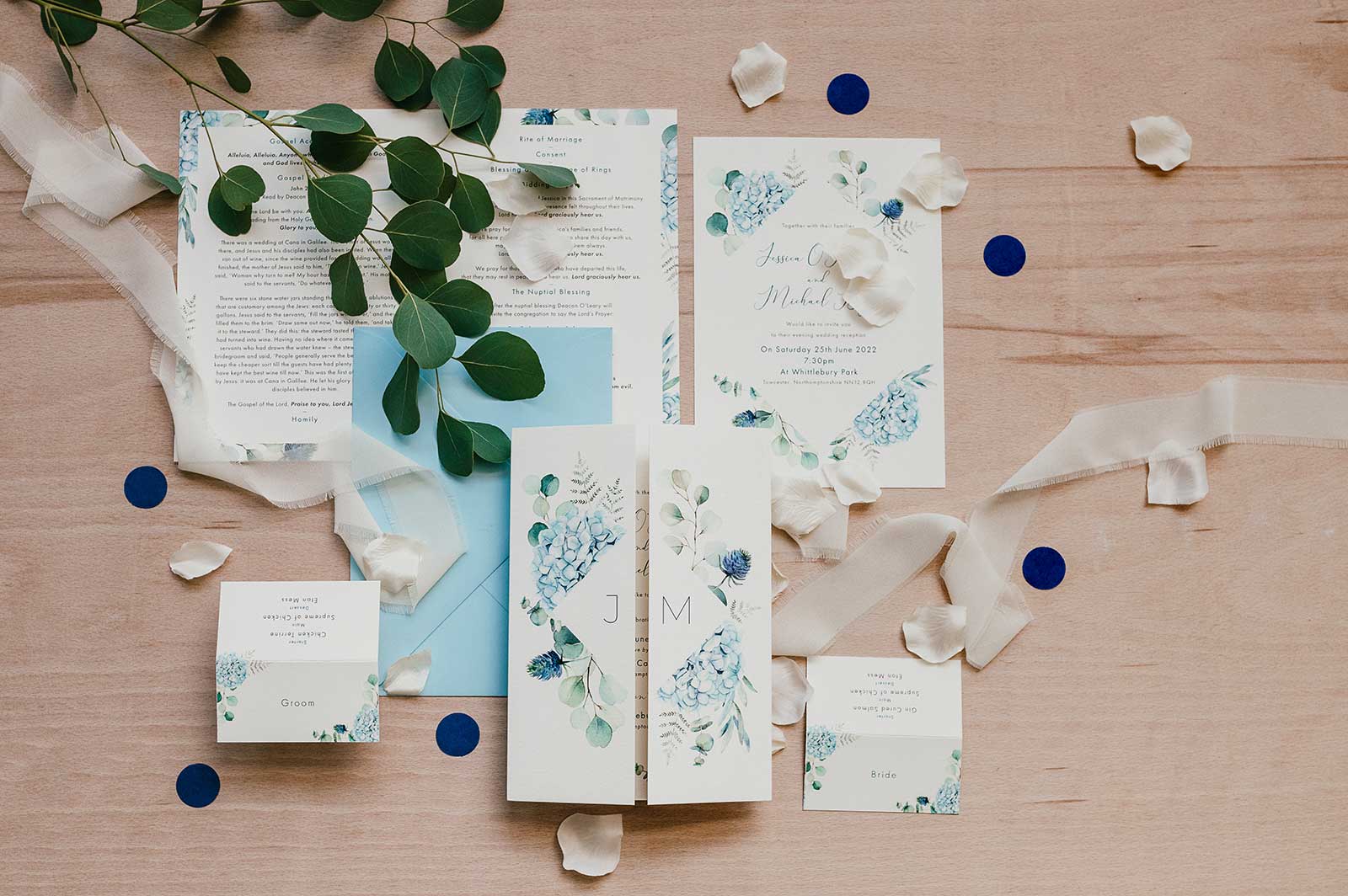blue hydrangea and thistle wedding invite
