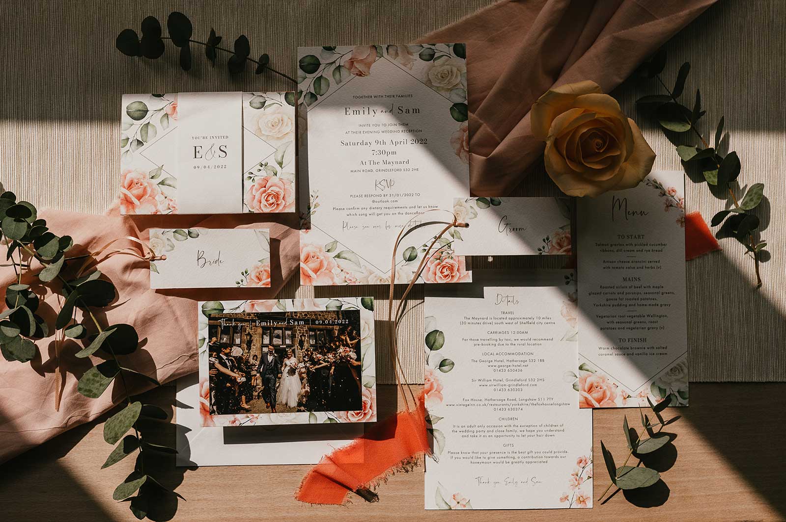 blush floral wedding stationery