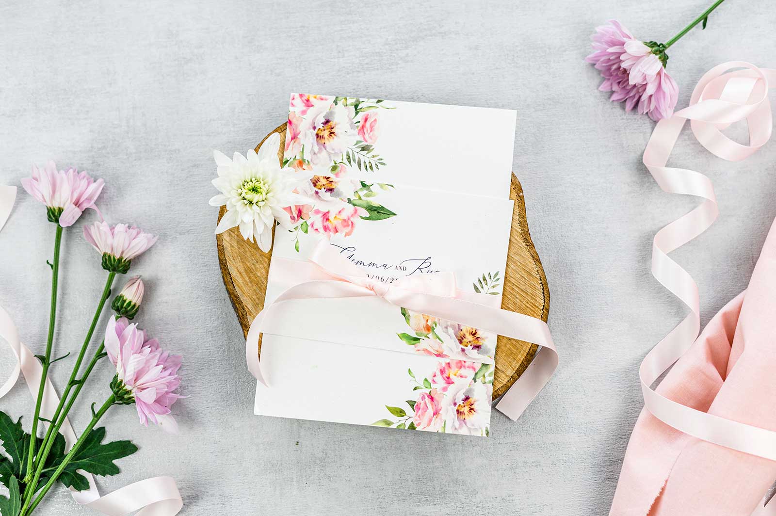 blush summer floral wedding invitation