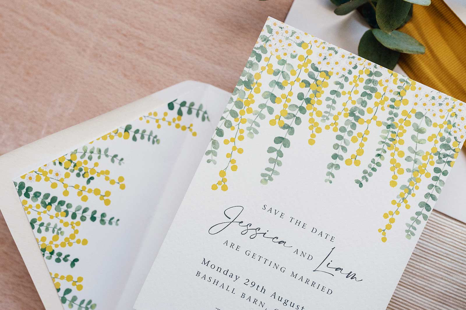 mimosa daisy and eucalyptus wedding save the date