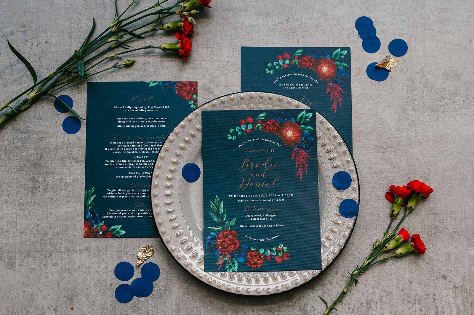navy red floral wedding stationery