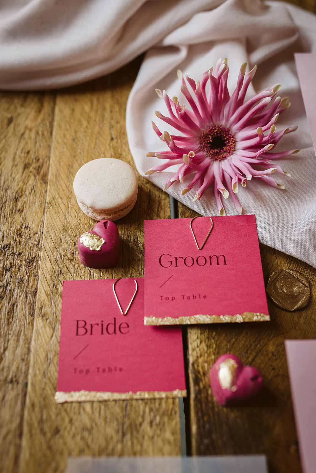 pink and gold wedding name cards