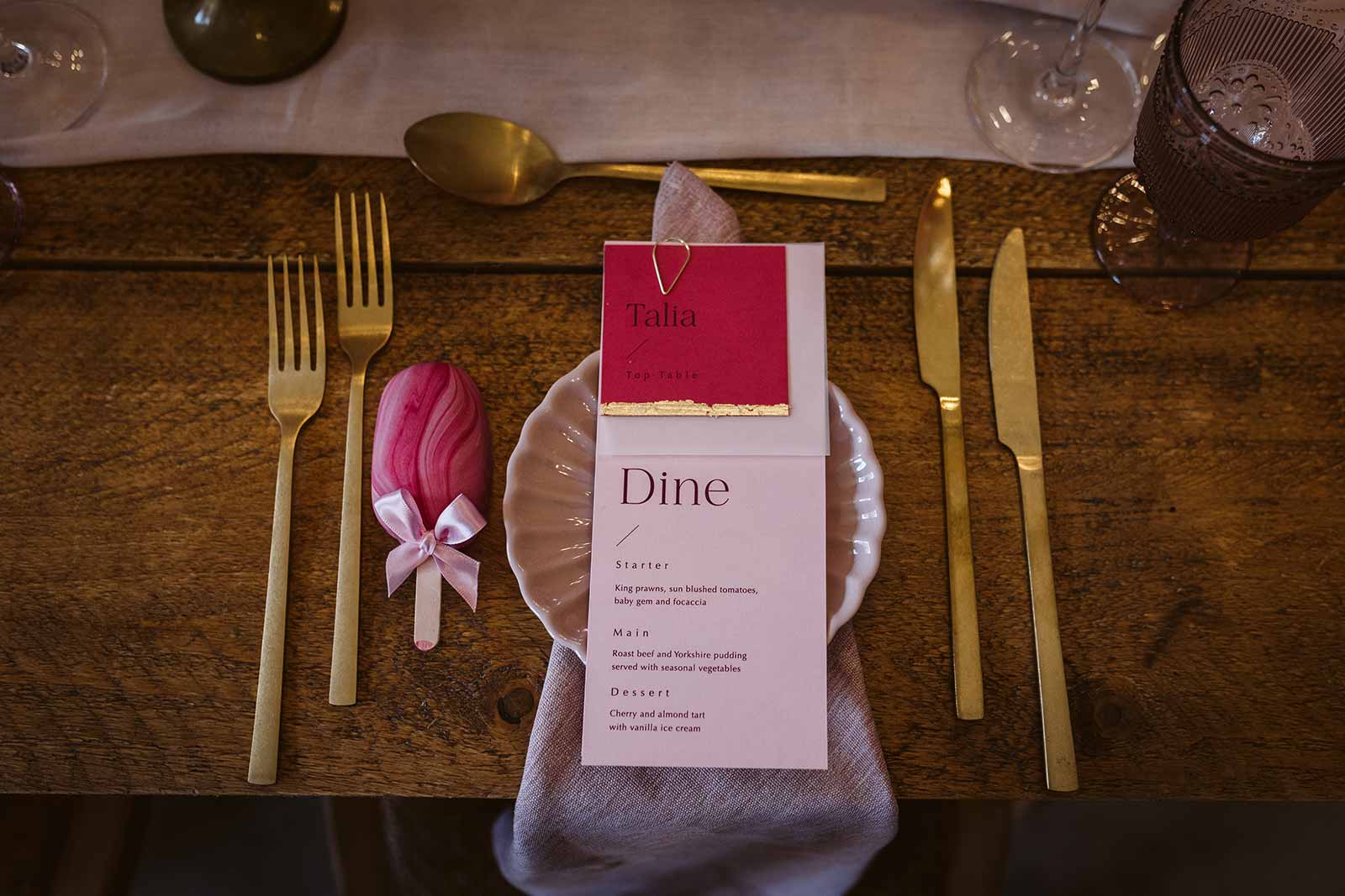 pink and gold layered wedding menu