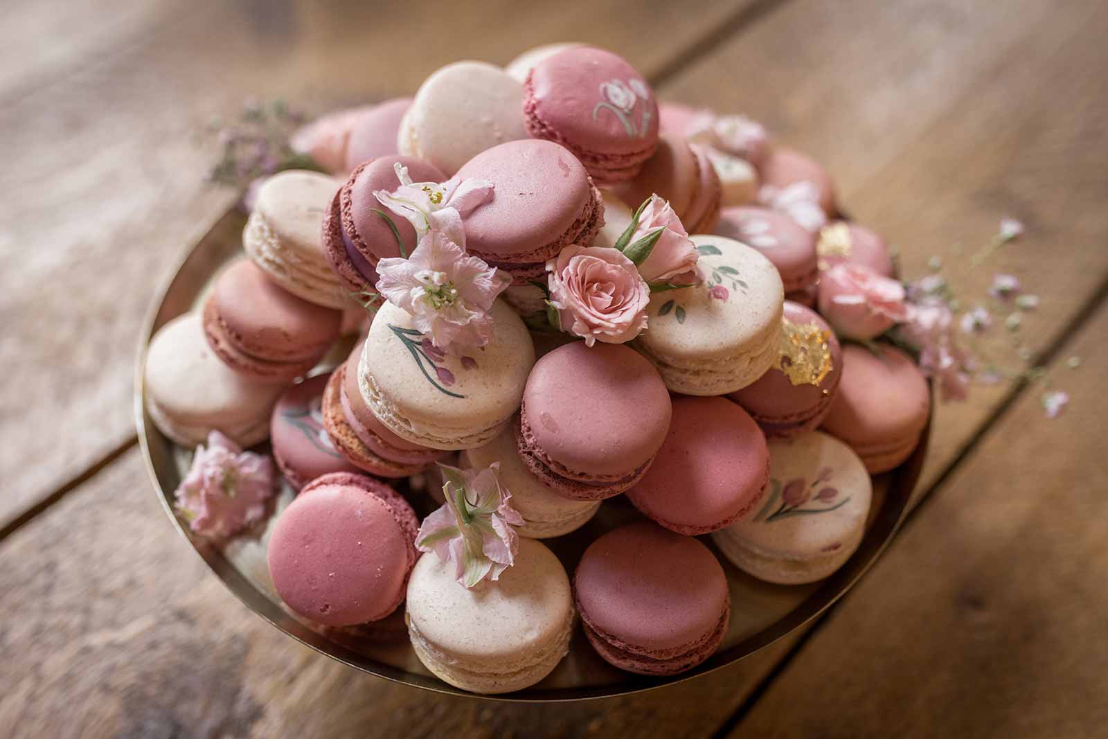 pretty pink floral wedding macaron stack
