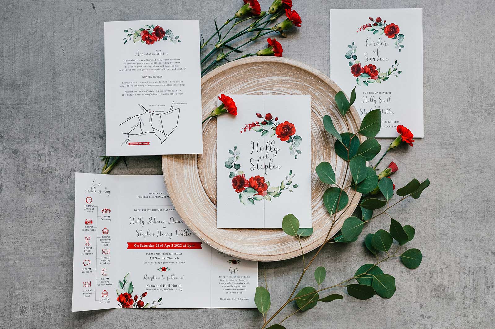 red floral wedding stationery design