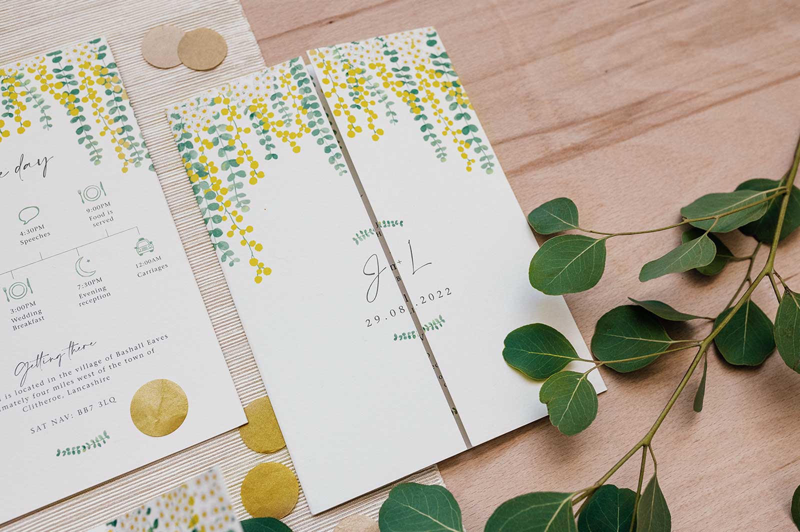 mimosa daisy and eucalyptus invitations